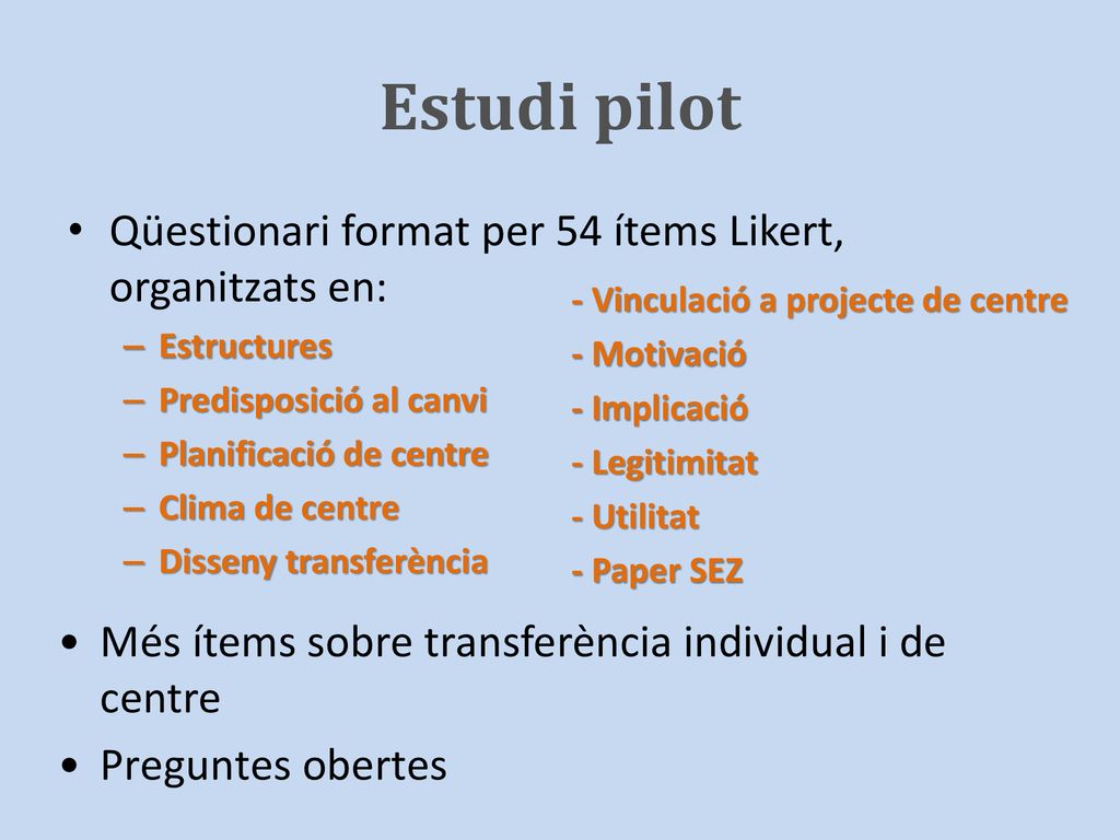 Estudi pilot Qüestionari format per 54 ítems Likert, organitzats en: