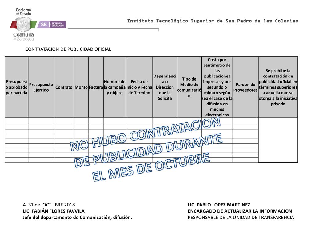NO HUBO CONTRATACION DE PUBLICIDAD DURANTE EL MES DE OCTUBRE