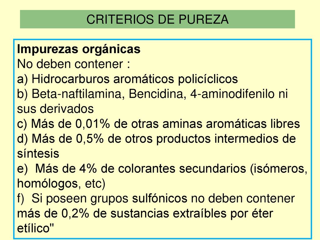 CRITERIOS DE PUREZA Impurezas orgánicas. No deben contener : a) Hidrocarburos aromáticos policíclicos.