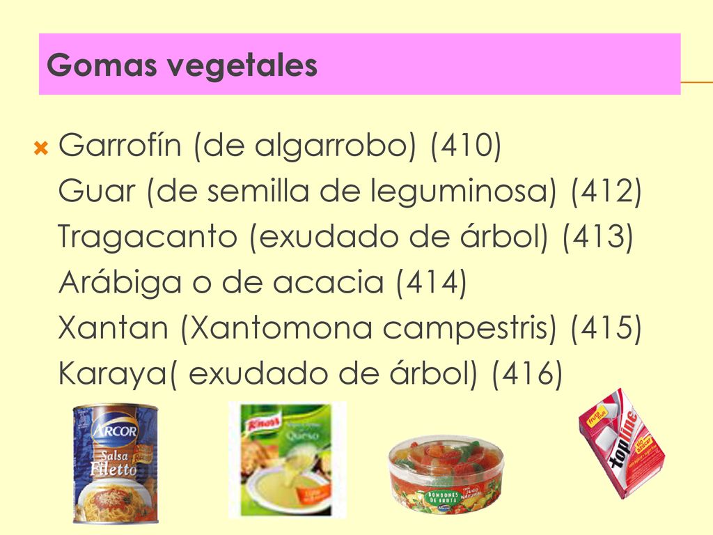 Gomas vegetales Garrofín (de algarrobo) (410) Guar (de semilla de leguminosa) (412) Tragacanto (exudado de árbol) (413)