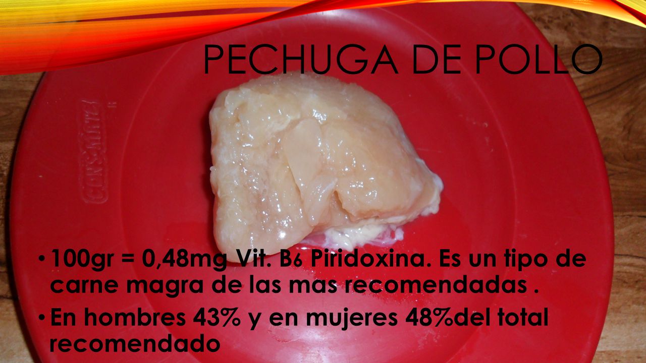 Pechuga de pollo 100gr = 0,48mg Vit. B6 Piridoxina. Es un tipo de carne magra de las mas recomendadas .