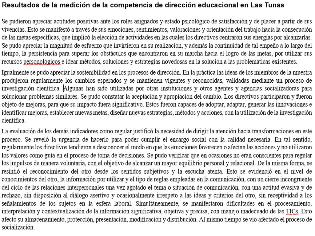 Resultados de la medición de la competencia de dirección educacional en Las Tunas
