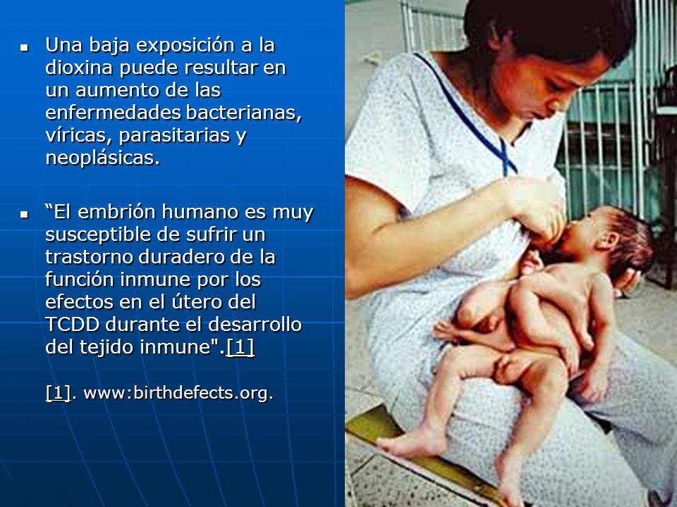Una baja exposición a la dioxina puede resultar en un aumento de las enfermedades bacterianas, víricas, parasitarias y neoplásicas.