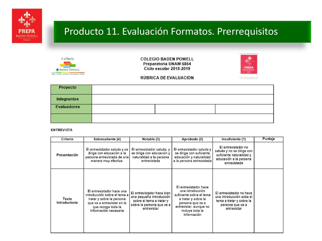 Producto 11. Evaluación Formatos. Prerrequisitos