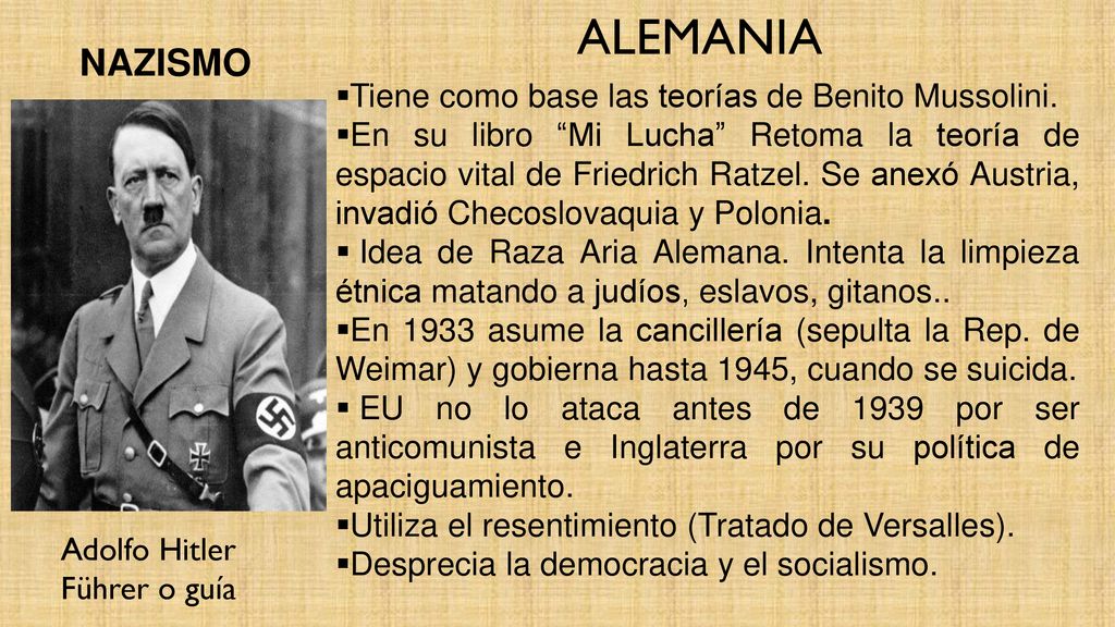 ALEMANIA nazismo Tiene como base las teorías de Benito Mussolini.