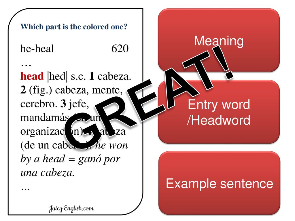 GREAT! Meaning Entry word /Headword Example sentence he-heal 620 …