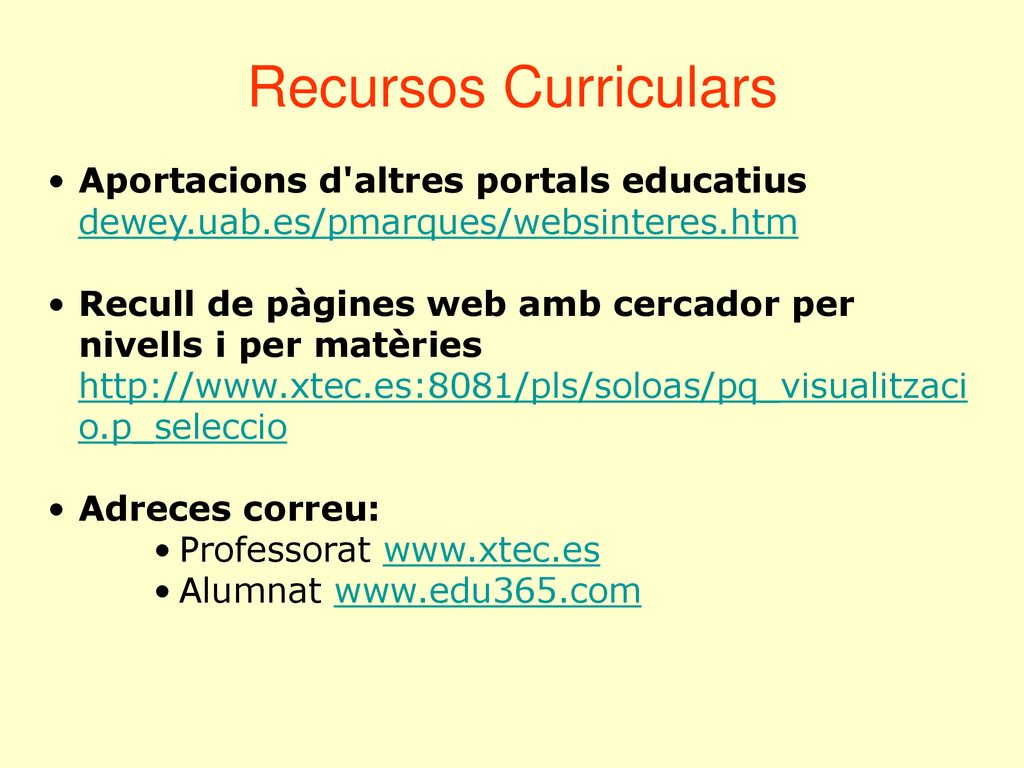 Recursos Curriculars Aportacions d altres portals educatius dewey.uab.es/pmarques/websinteres.htm.