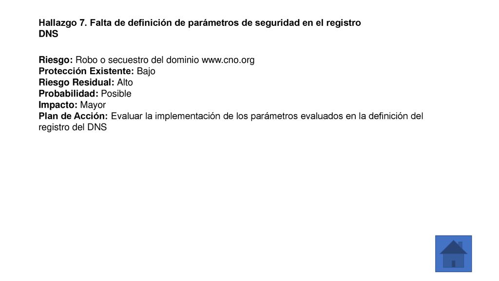 Hallazgo 7. Falta de definición de parámetros de seguridad en el registro DNS