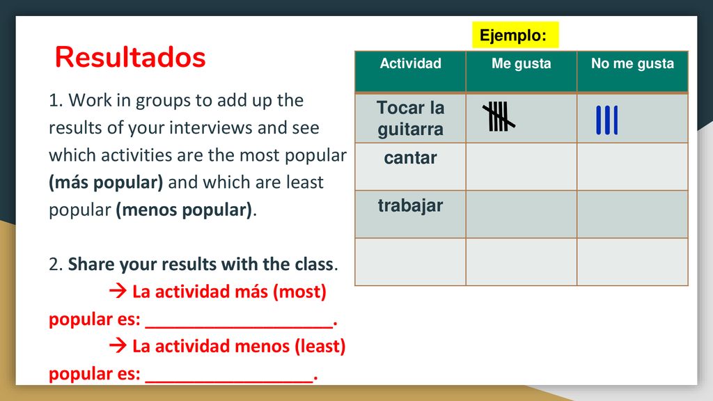 Ejemplo: Resultados. Actividad. Me gusta. No me gusta. Tocar la guitarra. cantar. trabajar.