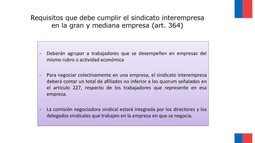 Requisitos que debe cumplir el sindicato interempresa en la gran y mediana empresa (art. 364)
