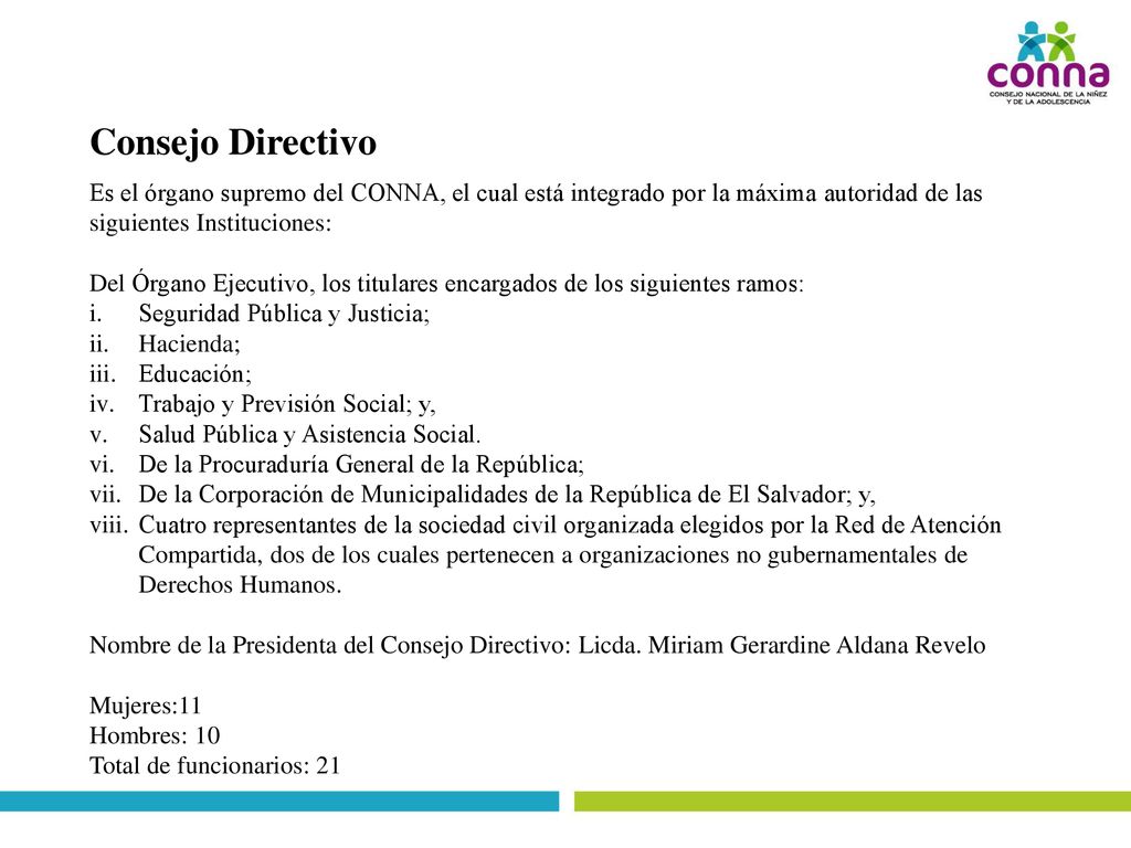 Consejo Directivo Es el órgano supremo del CONNA, el cual está integrado por la máxima autoridad de las siguientes Instituciones: