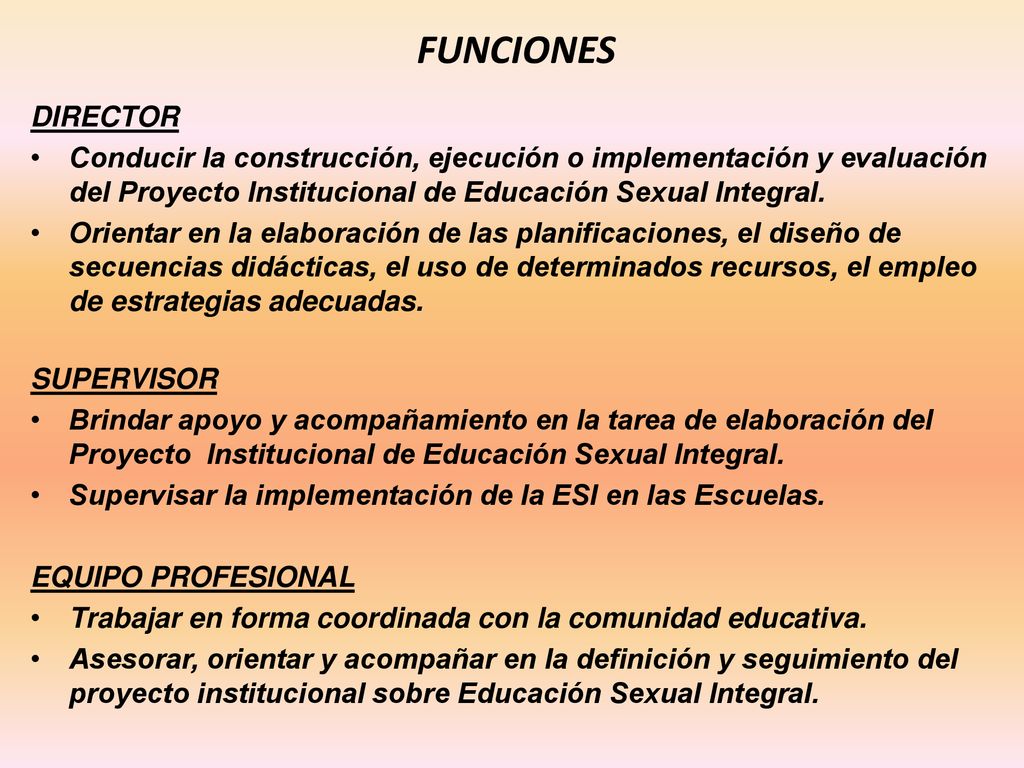 FUNCIONES DIRECTOR. Conducir la construcción, ejecución o implementación y evaluación del Proyecto Institucional de Educación Sexual Integral.