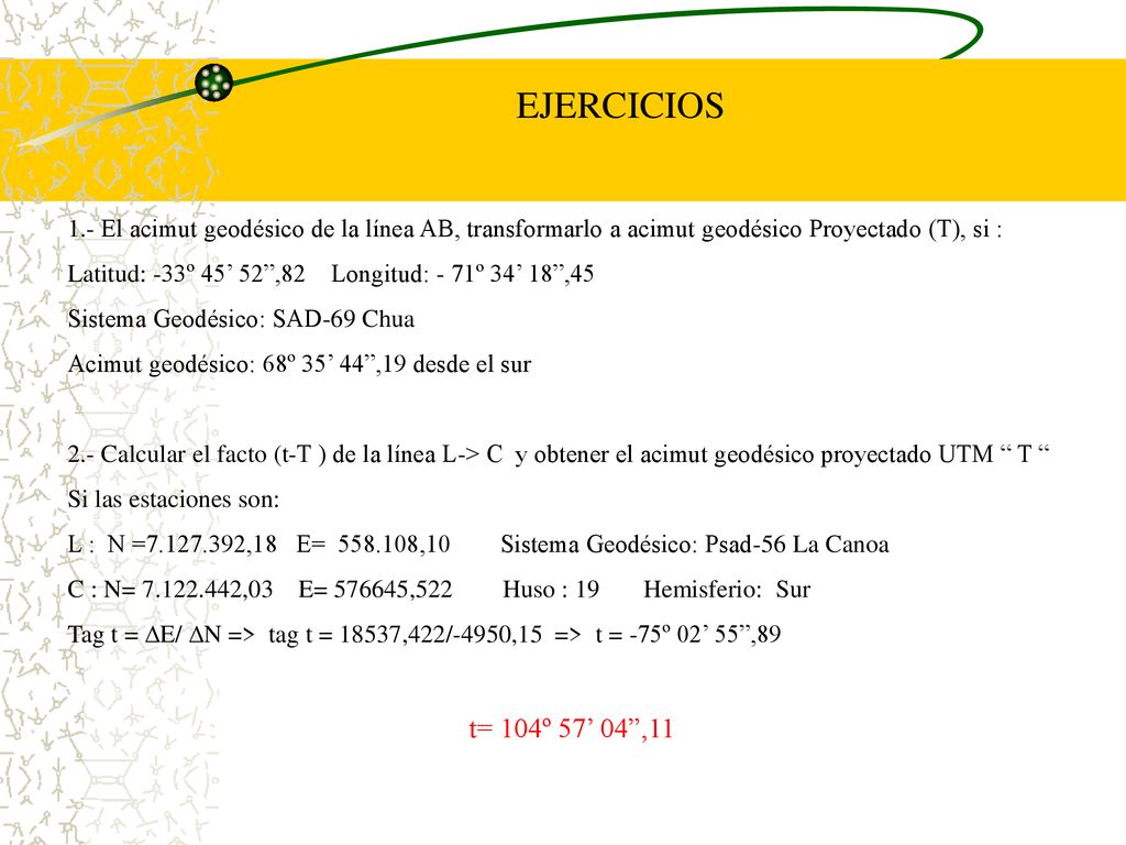 EJERCICIOS 1.- El acimut geodésico de la línea AB, transformarlo a acimut geodésico Proyectado (T), si :
