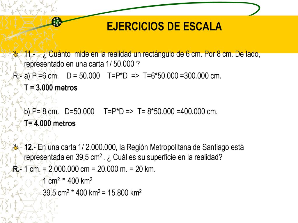 EJERCICIOS DE ESCALA 11.- ¿ Cuánto mide en la realidad un rectángulo de 6 cm. Por 8 cm. De lado, representado en una carta 1/
