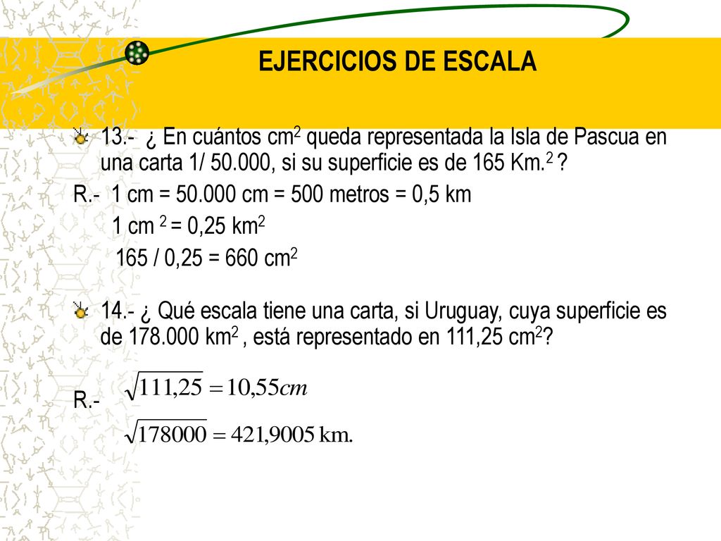 EJERCICIOS DE ESCALA 13.- ¿ En cuántos cm2 queda representada la Isla de Pascua en una carta 1/ , si su superficie es de 165 Km.2