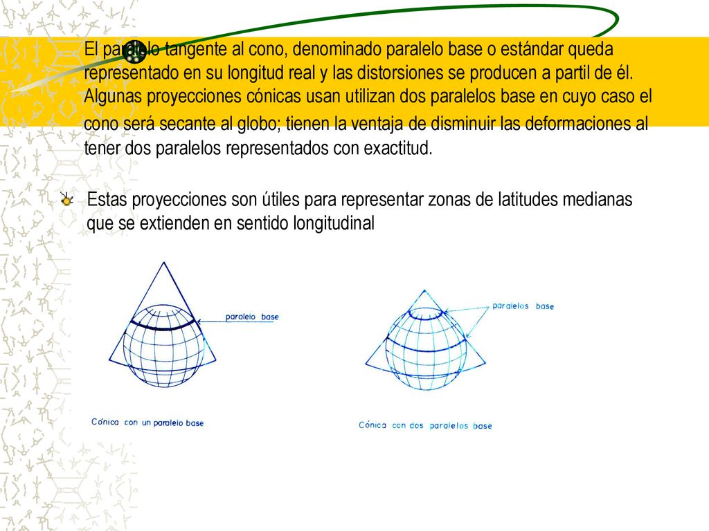El paralelo tangente al cono, denominado paralelo base o estándar queda representado en su longitud real y las distorsiones se producen a partil de él. Algunas proyecciones cónicas usan utilizan dos paralelos base en cuyo caso el cono será secante al globo; tienen la ventaja de disminuir las deformaciones al tener dos paralelos representados con exactitud.