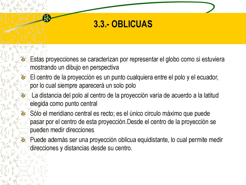 3.3.- OBLICUAS Estas proyecciones se caracterizan por representar el globo como si estuviera mostrando un dibujo en perspectiva.