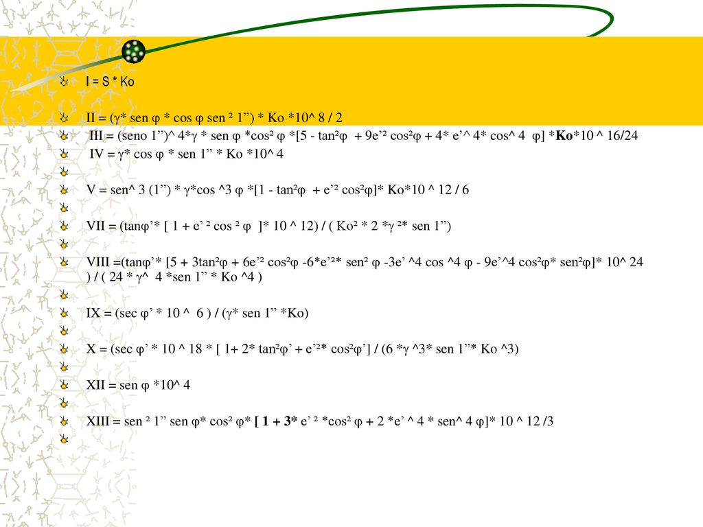 I = S * Ko II = (* sen  * cos  sen ² 1 ) * Ko *10^ 8 / 2.
