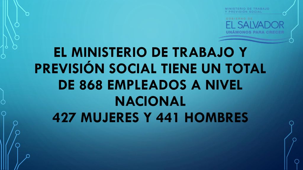 El ministerio de trabajo y previsión social tiene un total de 868 empleados a nivel nacional 427 Mujeres y 441 HOMBRES