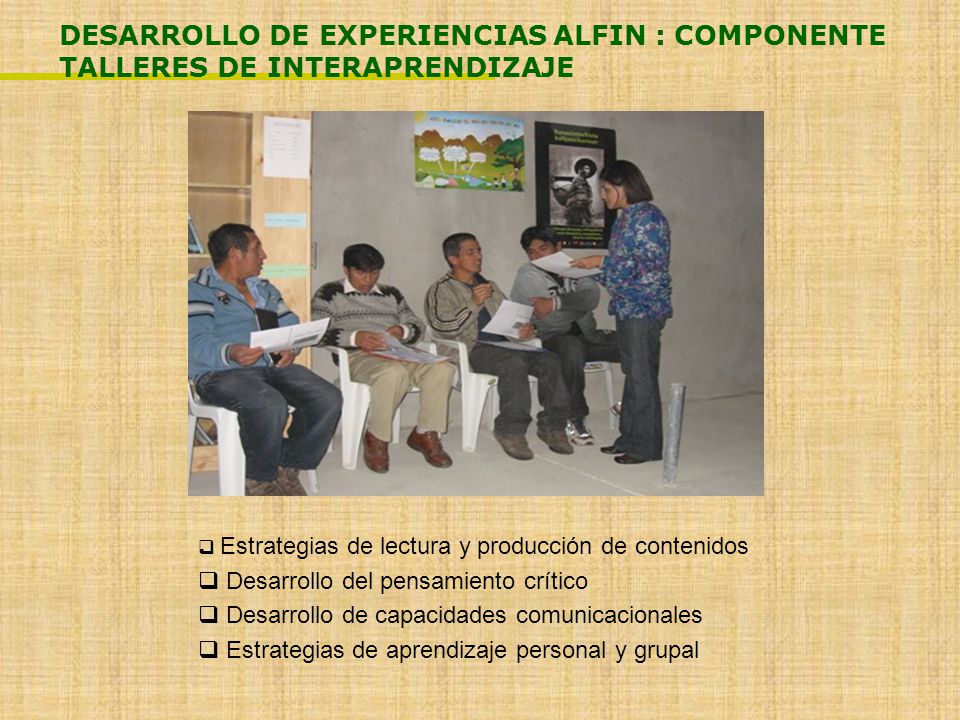DESARROLLO DE EXPERIENCIAS ALFIN : COMPONENTE TALLERES DE INTERAPRENDIZAJE