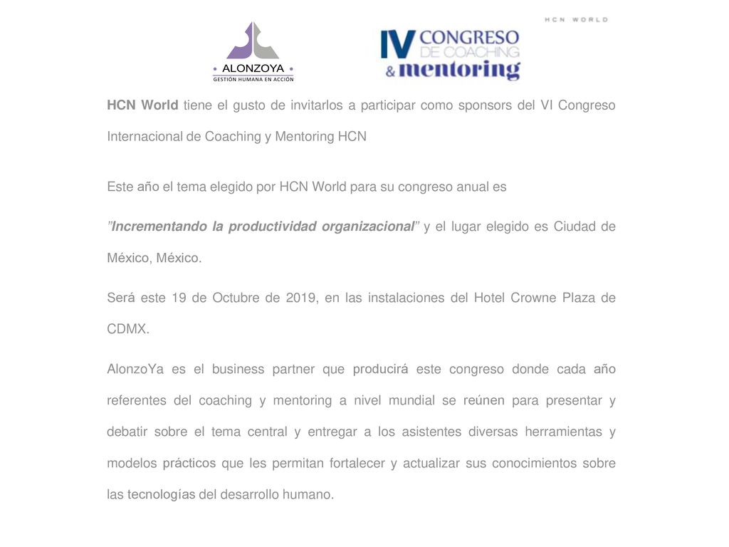HCN World tiene el gusto de invitarlos a participar como sponsors del VI Congreso Internacional de Coaching y Mentoring HCN