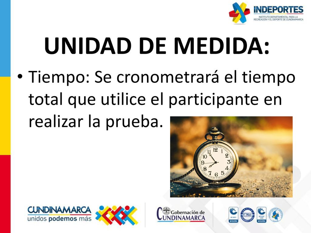 UNIDAD DE MEDIDA: Tiempo: Se cronometrará el tiempo total que utilice el participante en realizar la prueba.