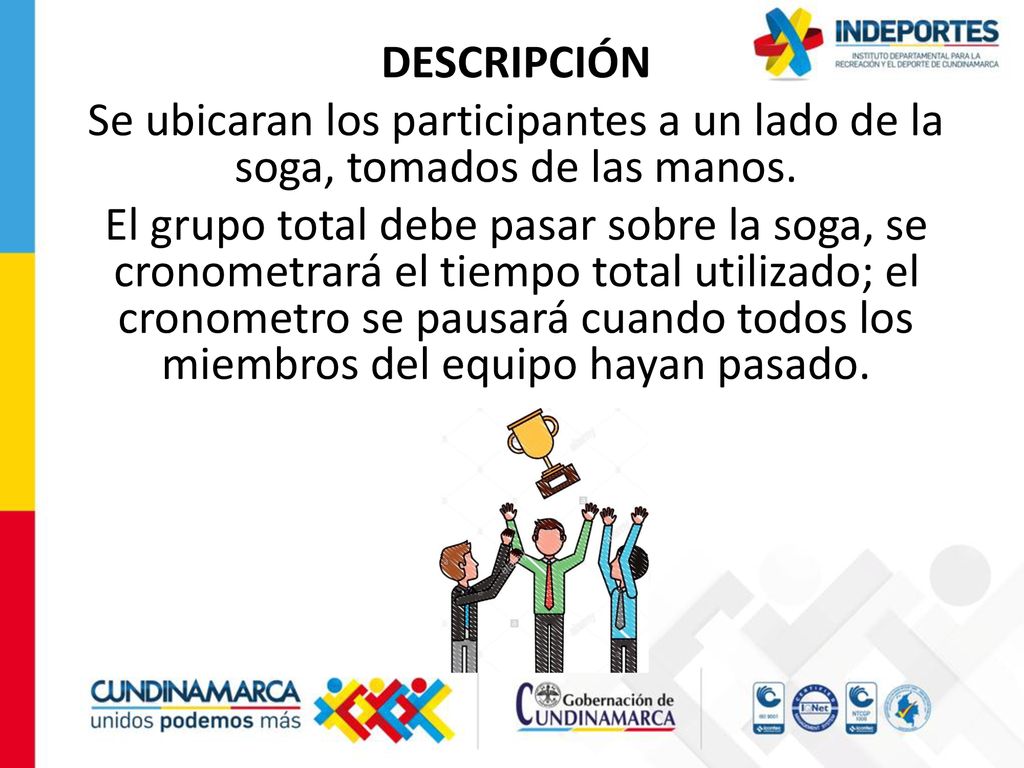 DESCRIPCIÓN Se ubicaran los participantes a un lado de la soga, tomados de las manos.
