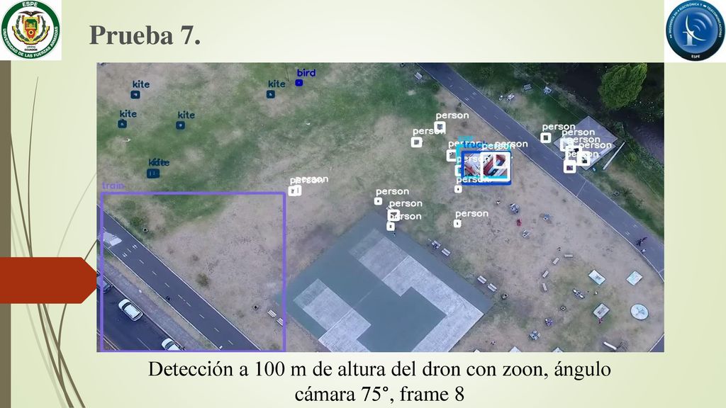Prueba 7. Detección a 100 m de altura del dron con zoon, ángulo cámara 75°, frame 8