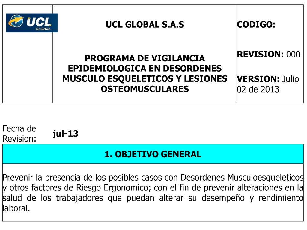 UCL GLOBAL S.A.S. CODIGO: PROGRAMA DE VIGILANCIA EPIDEMIOLOGICA EN DESORDENES MUSCULO ESQUELETICOS Y LESIONES OSTEOMUSCULARES.