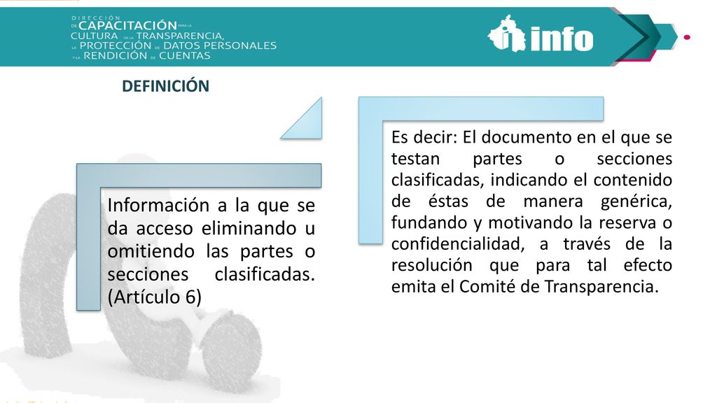 DEFINICIÓN Información a la que se da acceso eliminando u omitiendo las partes o secciones clasificadas. (Artículo 6)