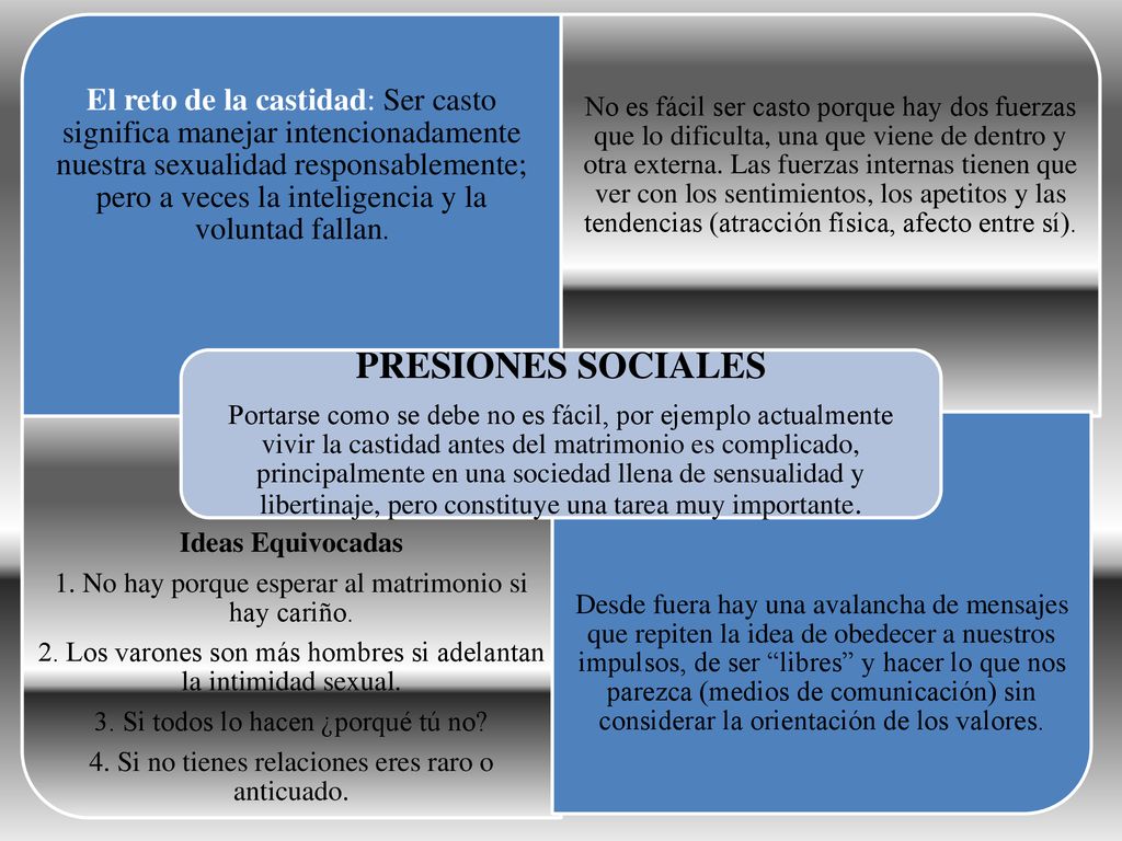 El reto de la castidad: Ser casto significa manejar intencionadamente nuestra sexualidad responsablemente; pero a veces la inteligencia y la voluntad fallan.