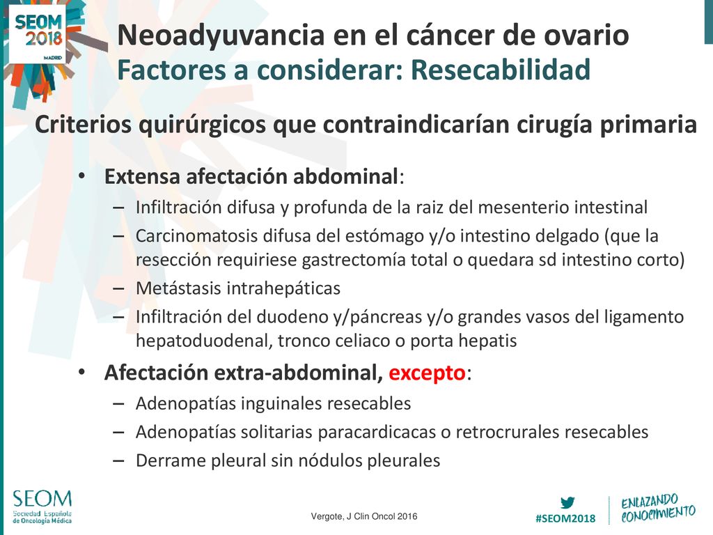 Neoadyuvancia en el cáncer de ovario Factores a considerar: Resecabilidad