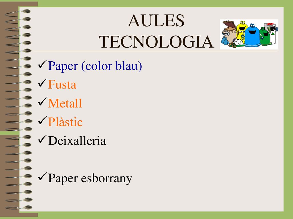 AULES TECNOLOGIA Paper (color blau) Fusta Metall Plàstic Deixalleria