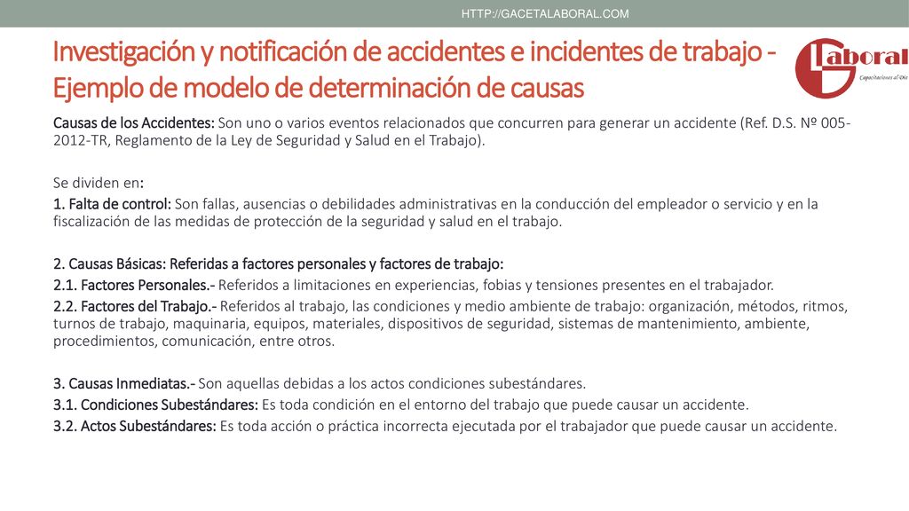 Investigación y notificación de accidentes e incidentes de trabajo - Ejemplo de modelo de determinación de causas.