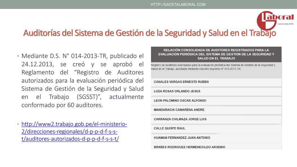 Auditorías del Sistema de Gestión de la Seguridad y Salud en el Trabajo.