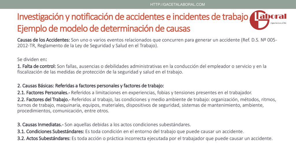 Investigación y notificación de accidentes e incidentes de trabajo - Ejemplo de modelo de determinación de causas.