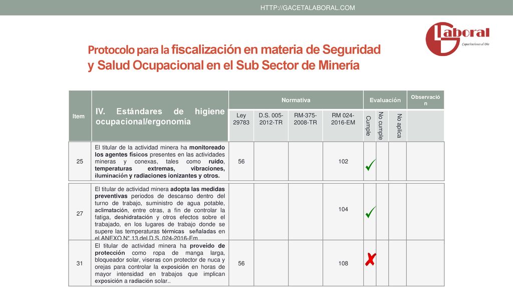 Protocolo para la fiscalización en materia de Seguridad y Salud Ocupacional en el Sub Sector de Minería.