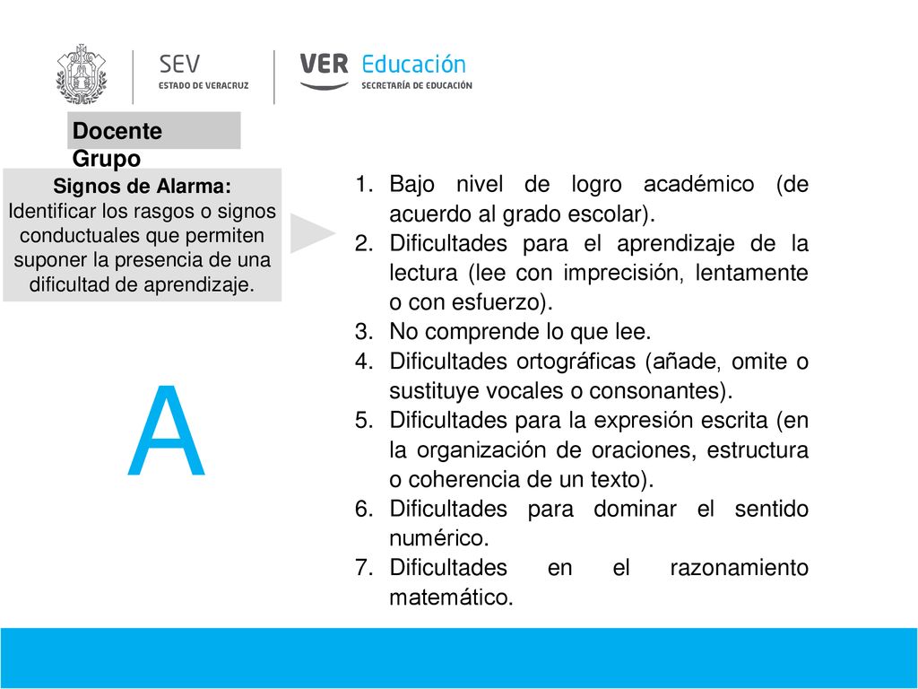 Docente Grupo Signos de Alarma: Identificar los rasgos o signos conductuales que permiten suponer la presencia de una dificultad de aprendizaje.