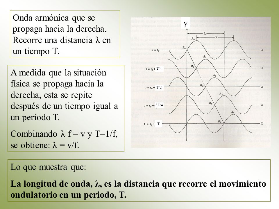 Combinando λ f = v y T=1/f, se obtiene: λ = v/f.
