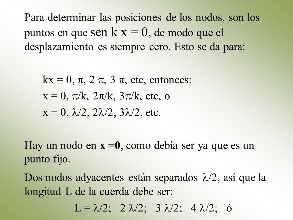 Para determinar las posiciones de los nodos, son los puntos en que sen k x = 0, de modo que el desplazamiento es siempre cero. Esto se da para:
