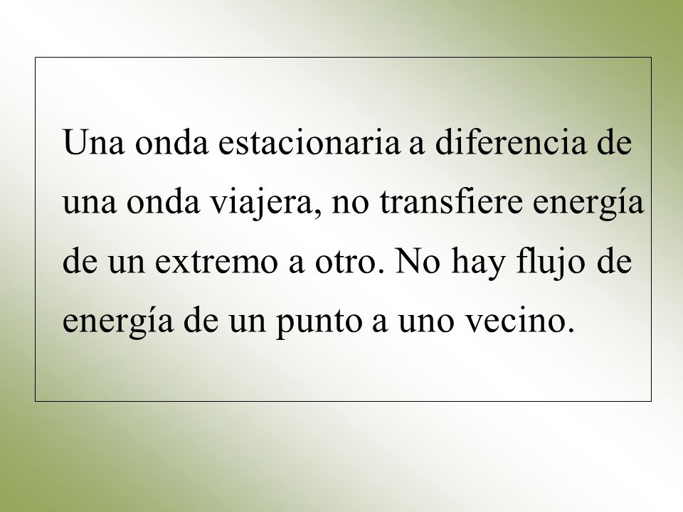 Una onda estacionaria a diferencia de una onda viajera, no transfiere energía de un extremo a otro.