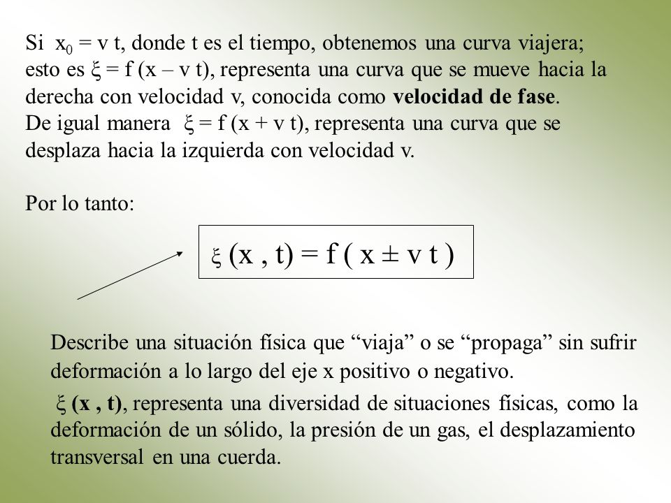 Si x0 = v t, donde t es el tiempo, obtenemos una curva viajera; esto es ξ = f (x – v t), representa una curva que se mueve hacia la derecha con velocidad v, conocida como velocidad de fase.