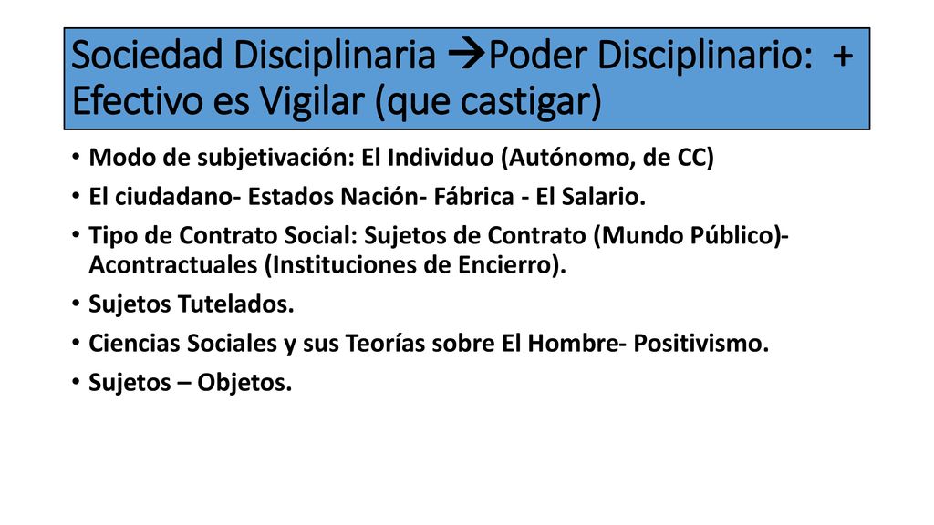 Sociedad Disciplinaria Poder Disciplinario: + Efectivo es Vigilar (que castigar)
