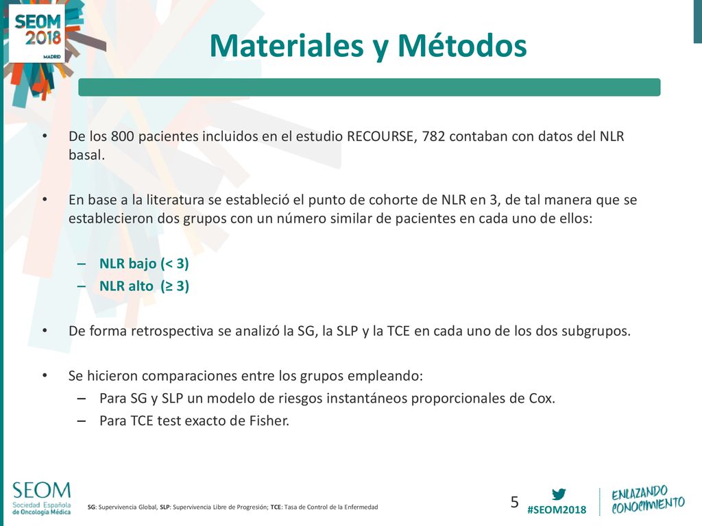 Materiales y Métodos De los 800 pacientes incluidos en el estudio RECOURSE, 782 contaban con datos del NLR basal.