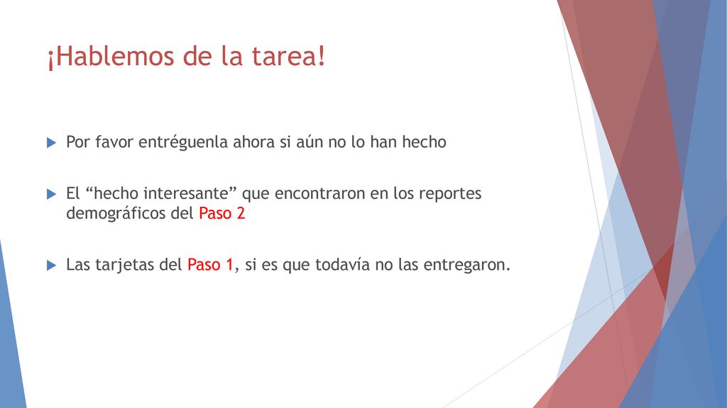 ¡Hablemos de la tarea! Por favor entréguenla ahora si aún no lo han hecho.