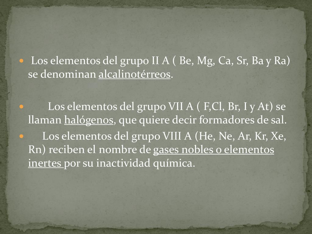 Los elementos del grupo II A ( Be, Mg, Ca, Sr, Ba y Ra) se denominan alcalinotérreos.