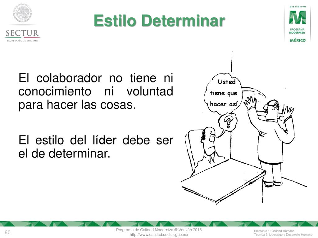 Estilo Determinar Usted. tiene que. hacer así. El colaborador no tiene ni conocimiento ni voluntad para hacer las cosas.