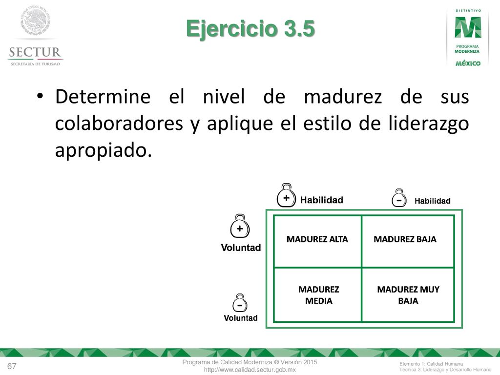 Ejercicio 3.5 Determine el nivel de madurez de sus colaboradores y aplique el estilo de liderazgo apropiado.