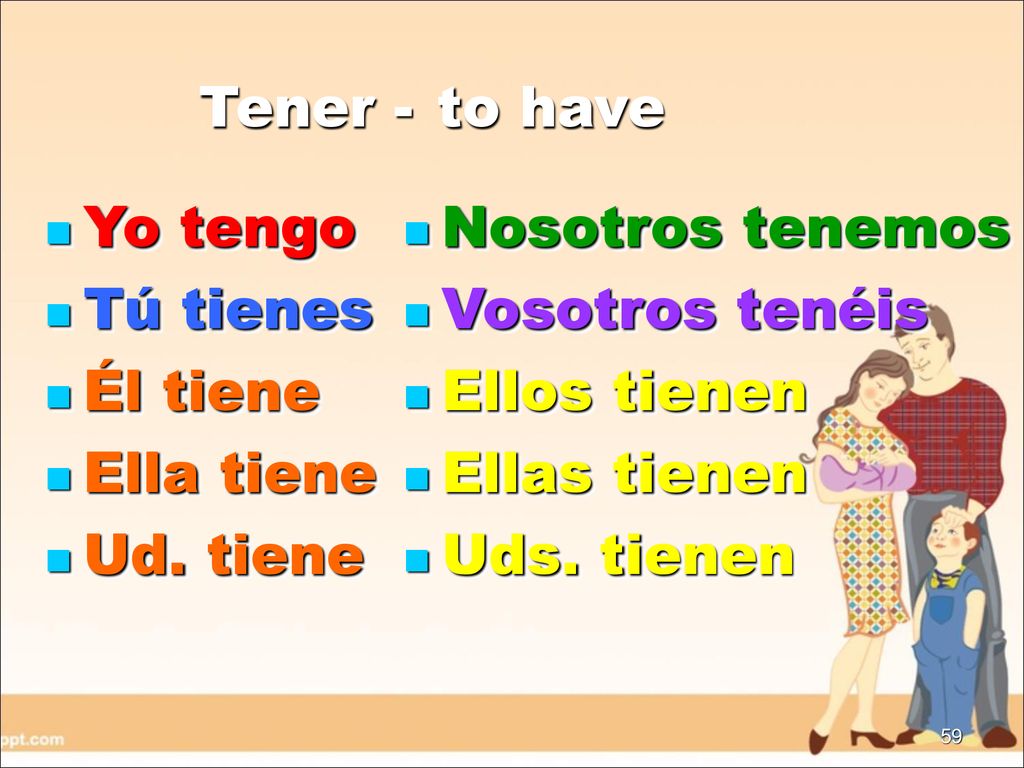 Tener - to have. Yo tengo. Tú tienes. Él tiene. Ella tiene. Ud. tiene. Nosotros tenemos. Vosotros tenéis.