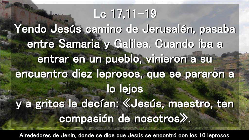 Lc 17,11-19 Yendo Jesús camino de Jerusalén, pasaba entre Samaria y Galilea. Cuando iba a entrar en un pueblo, vinieron a su encuentro diez leprosos, que se pararon a lo lejos y a gritos le decían: «Jesús, maestro, ten compasión de nosotros».
